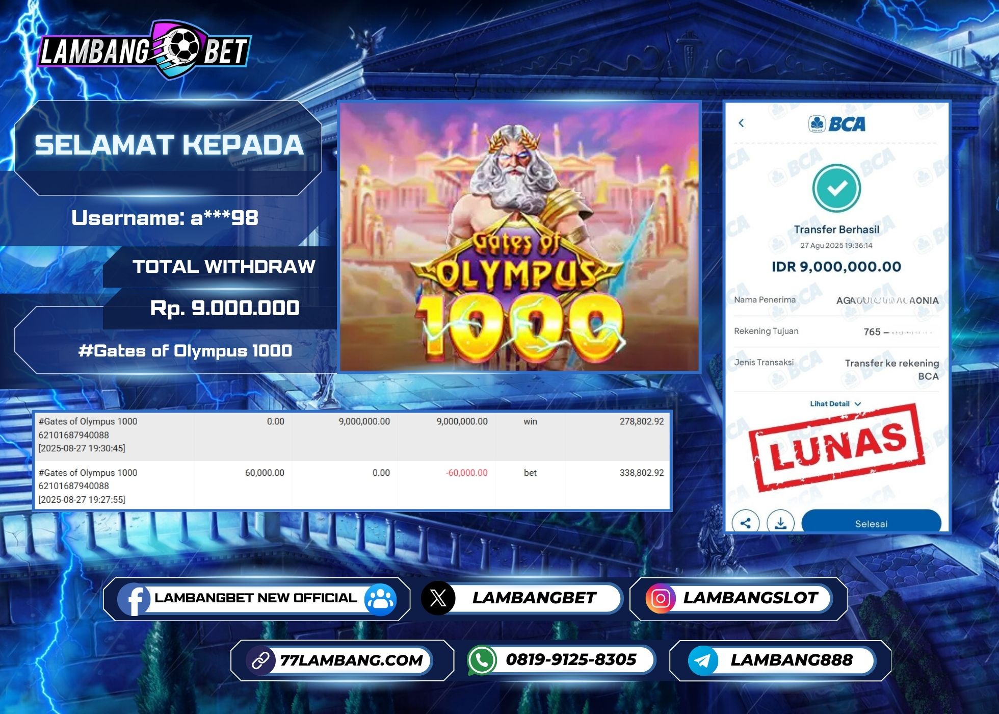 LAMBANGBET [27 AUGUST 2025] JACKPOT SLOT Gates of Olympus 1000 "Rp9.000.000" LUNAS